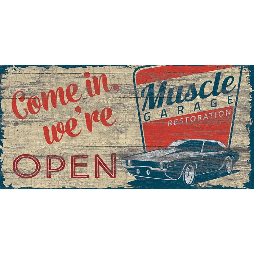 We're Open Muscle Garage Wooden Sign