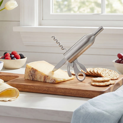 Wine Bottle Tool - Corkscrew, Cap Lifter, Magnifier, Knife, Cutter Blade