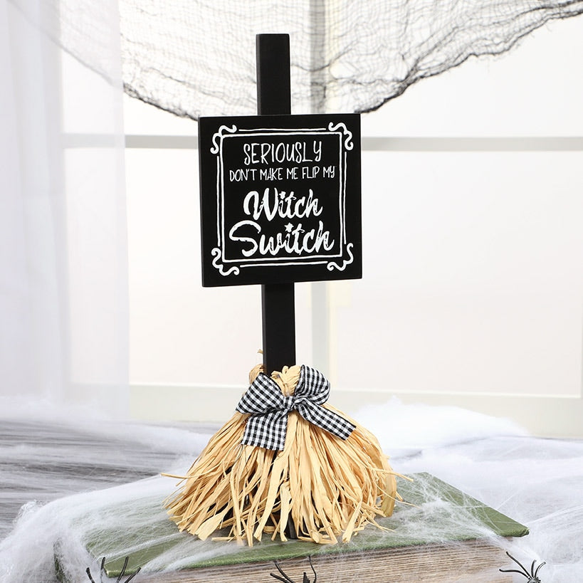 Halloween Witch's Broom Tabletop Rectangular Sign With Message And Bow#select-sign_witch-switch