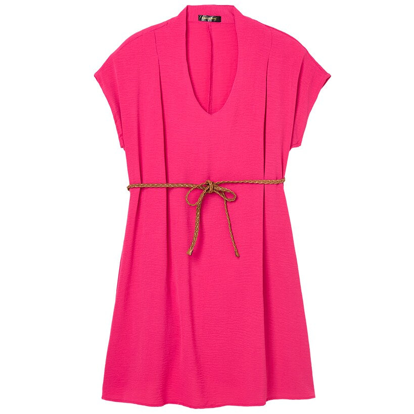 Women's Dolman V-Neck Dress with Braided Belt#select-color_fuchsia
