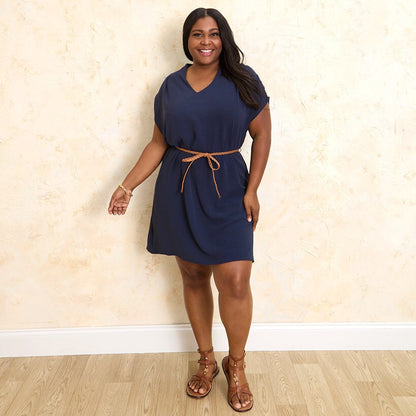 Women's Dolman V-Neck Dress with Braided Belt