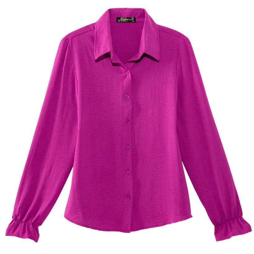 Women's Ruffle Long Sleeve Button Down Shirt#select-color_fuchsia