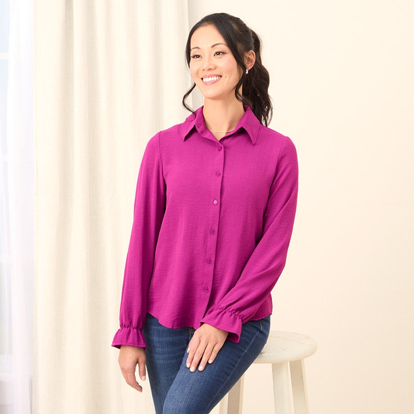 Women's Ruffle Long Sleeve Button Down Shirt#select-color_fuchsia