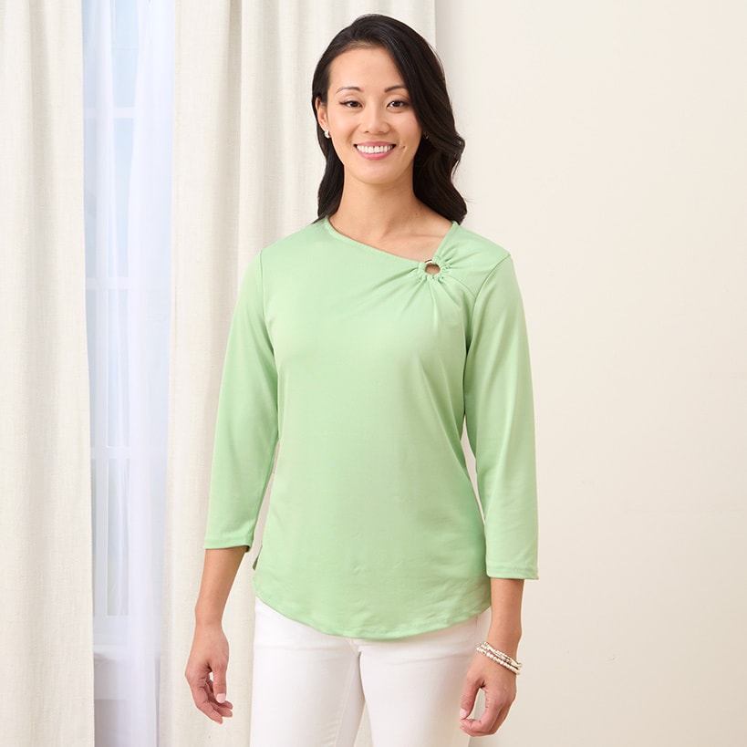 Women's Asymmetrical 3/4 Sleeve Top with O-Ring#select-color_sage