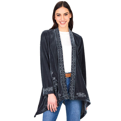 Women's Embroidered Velvet Open Front Cardigan