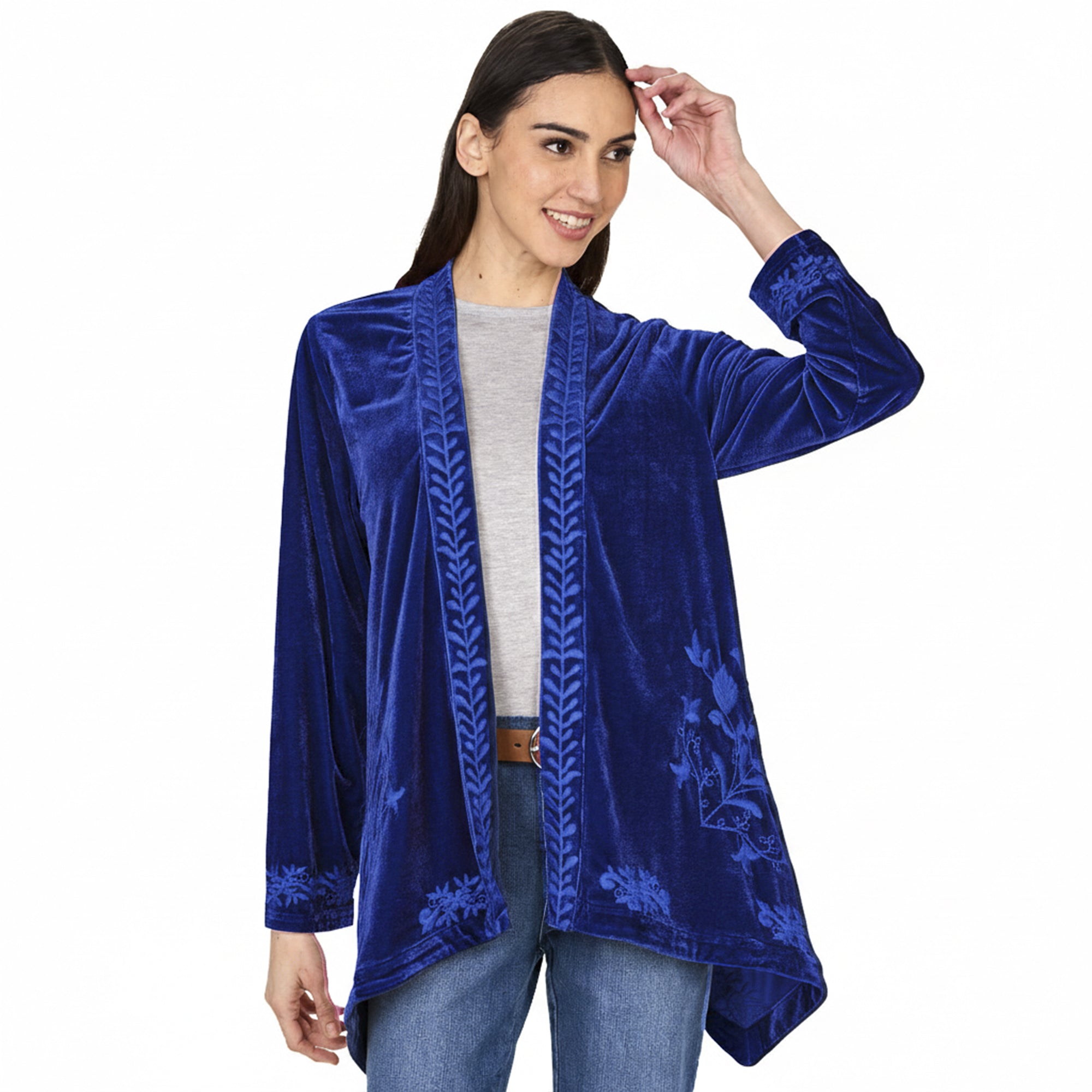 Women's Embroidered Velvet Open Front Cardigan