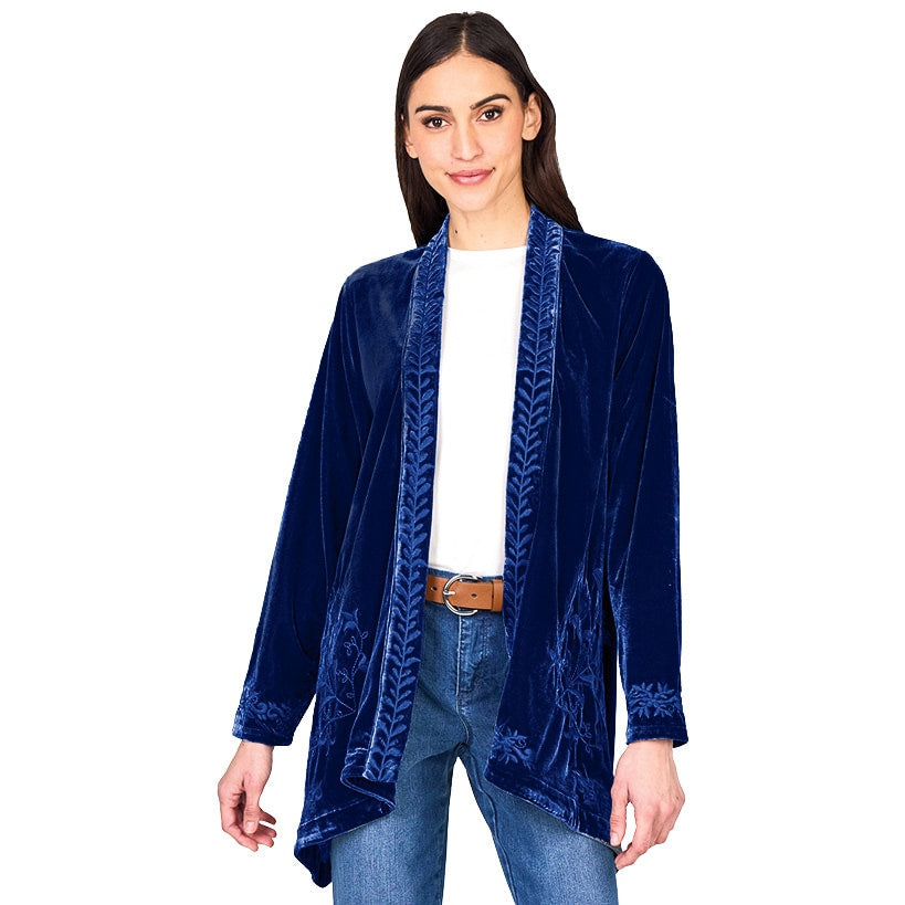 Women's Embroidered Velvet Open Front Cardigan