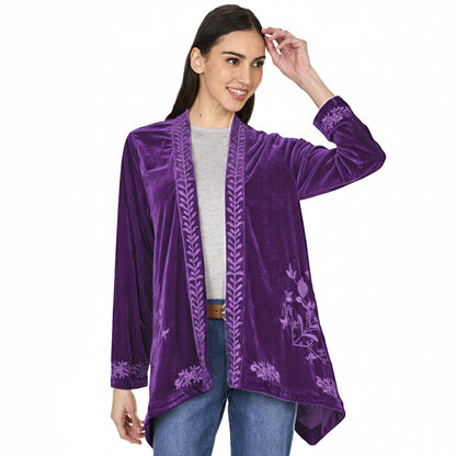 Women's Embroidered Velvet Open Front Cardigan
