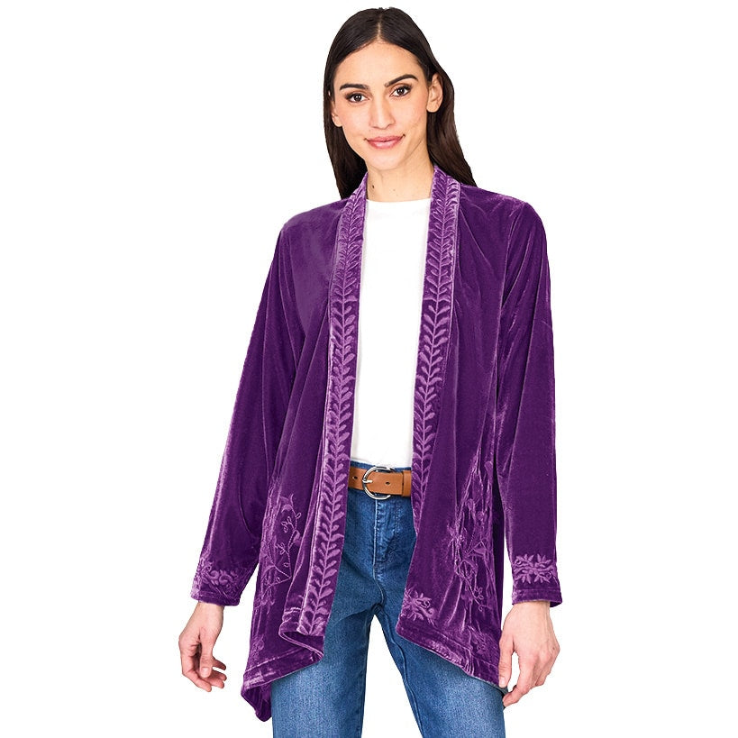Women's Embroidered Velvet Open Front Cardigan