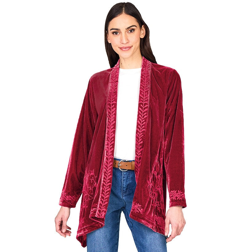 Women's Embroidered Velvet Open Front Cardigan