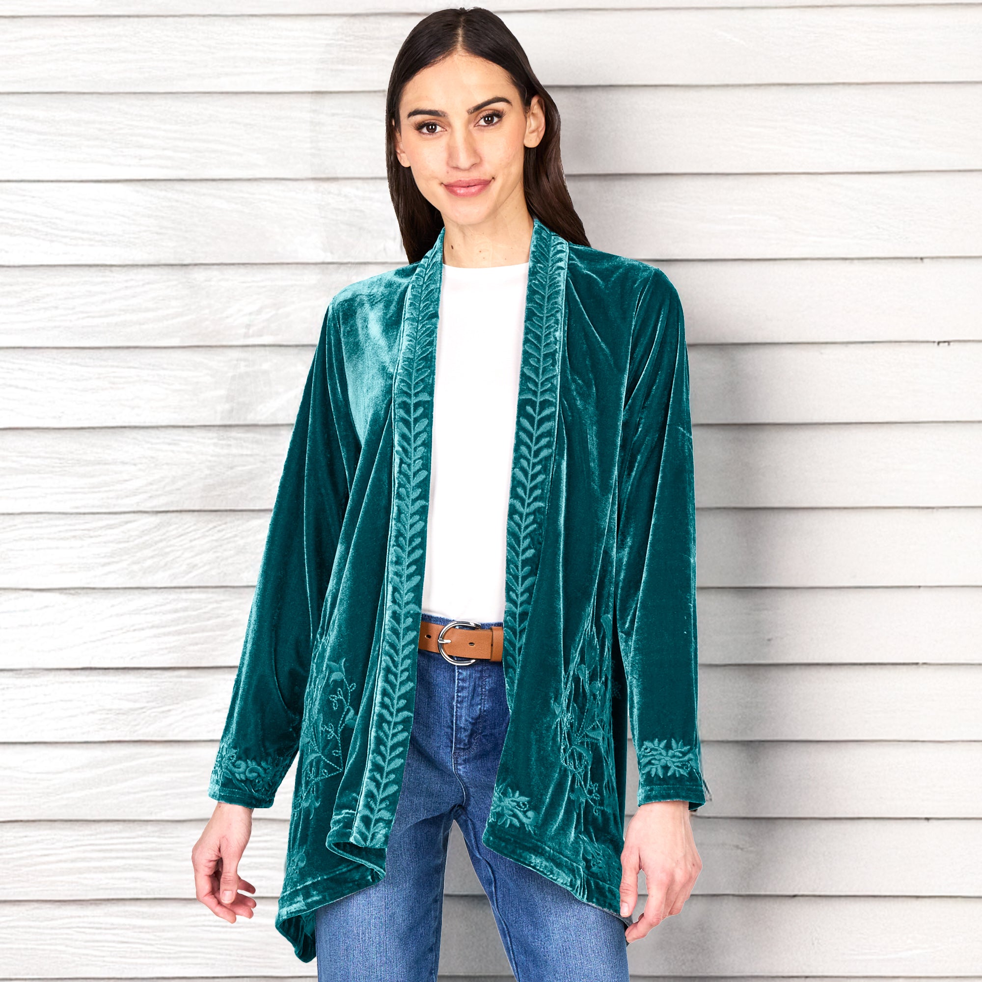 Women's Embroidered Velvet Open Front Cardigan