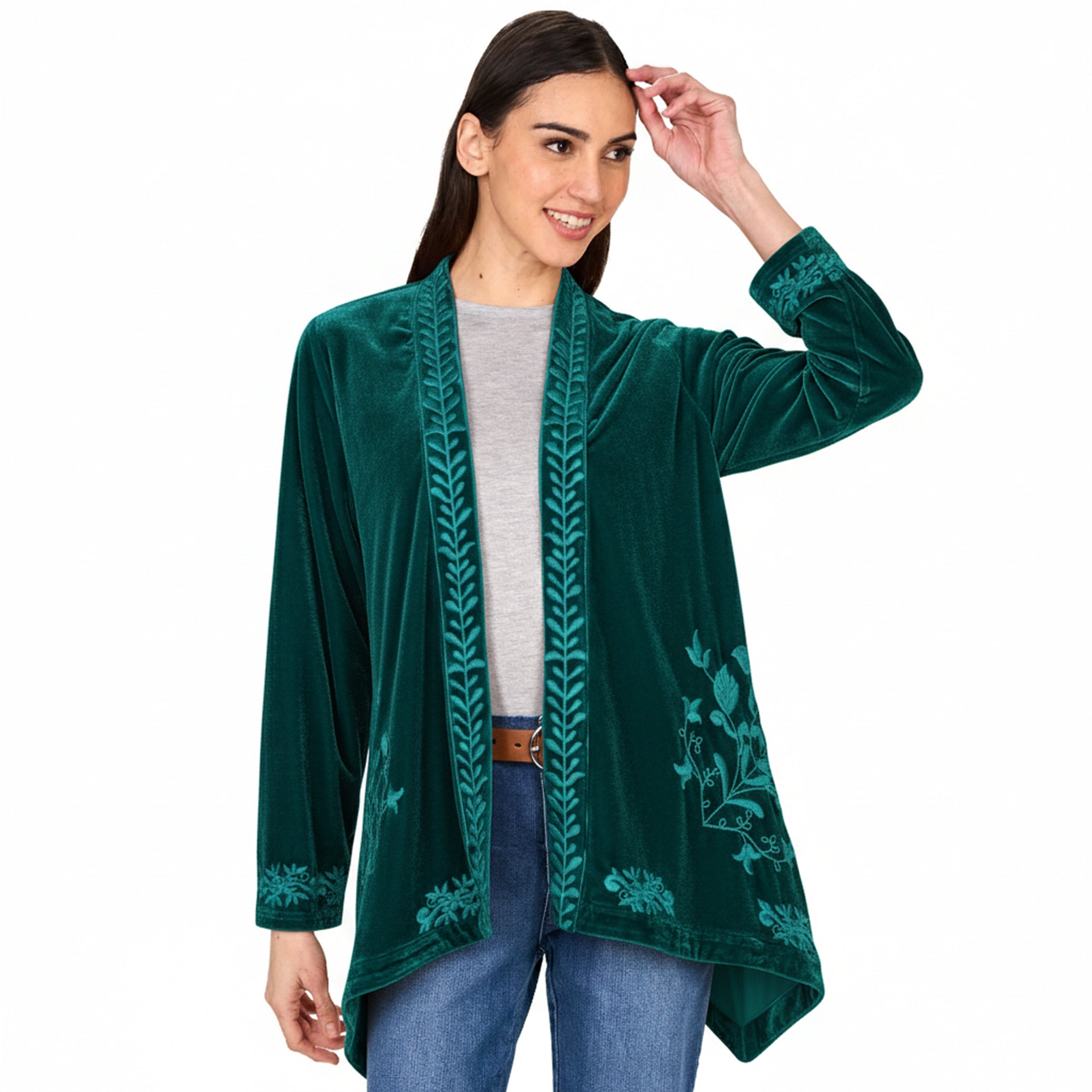 Women's Embroidered Velvet Open Front Cardigan