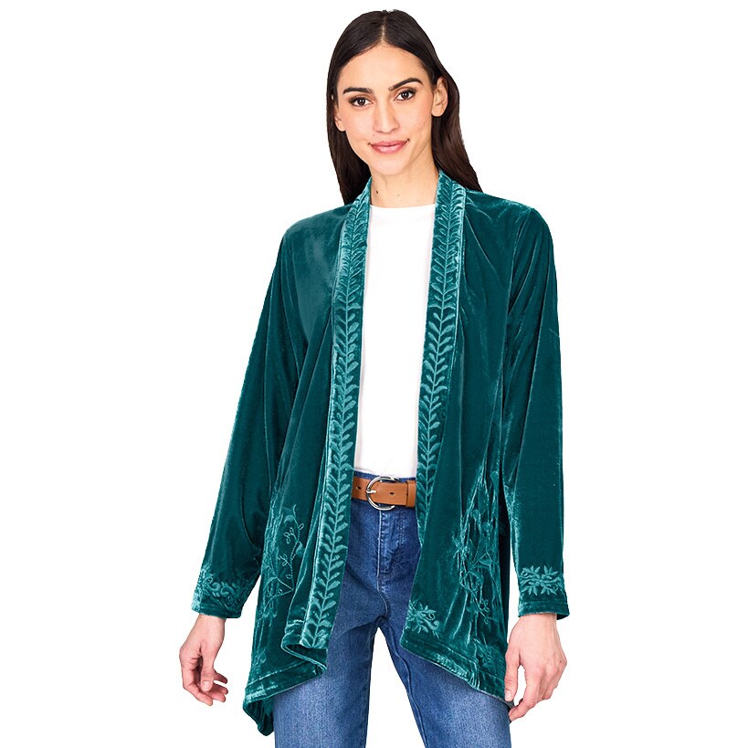 Women's Embroidered Velvet Open Front Cardigan