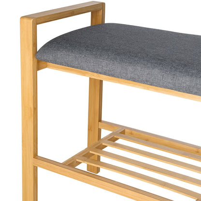 Entryway Bamboo Bench with Shoe Shelf and Polyester Cushion
