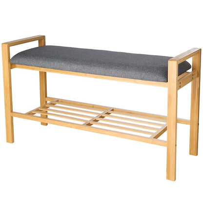 Entryway Bamboo Bench with Shoe Shelf and Polyester Cushion