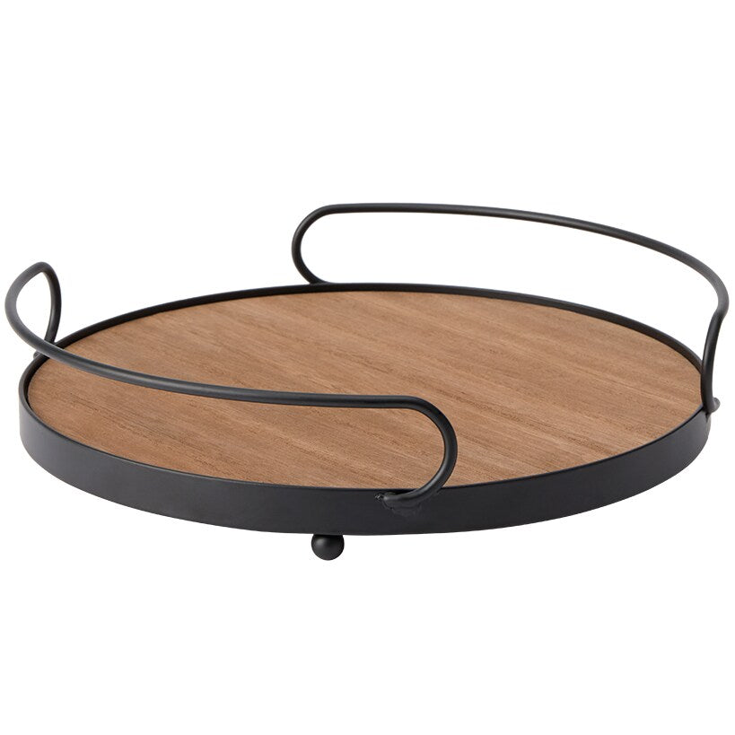 Tabletop Decorative Metal & Wood Round Serving Tray