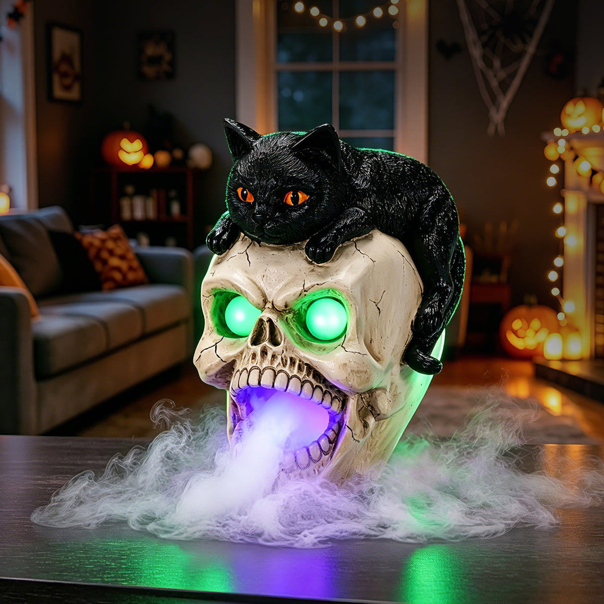 Halloween Black Cat Skull Statue with LED Light, Fog Smoke Effect Resin Decor - image 2