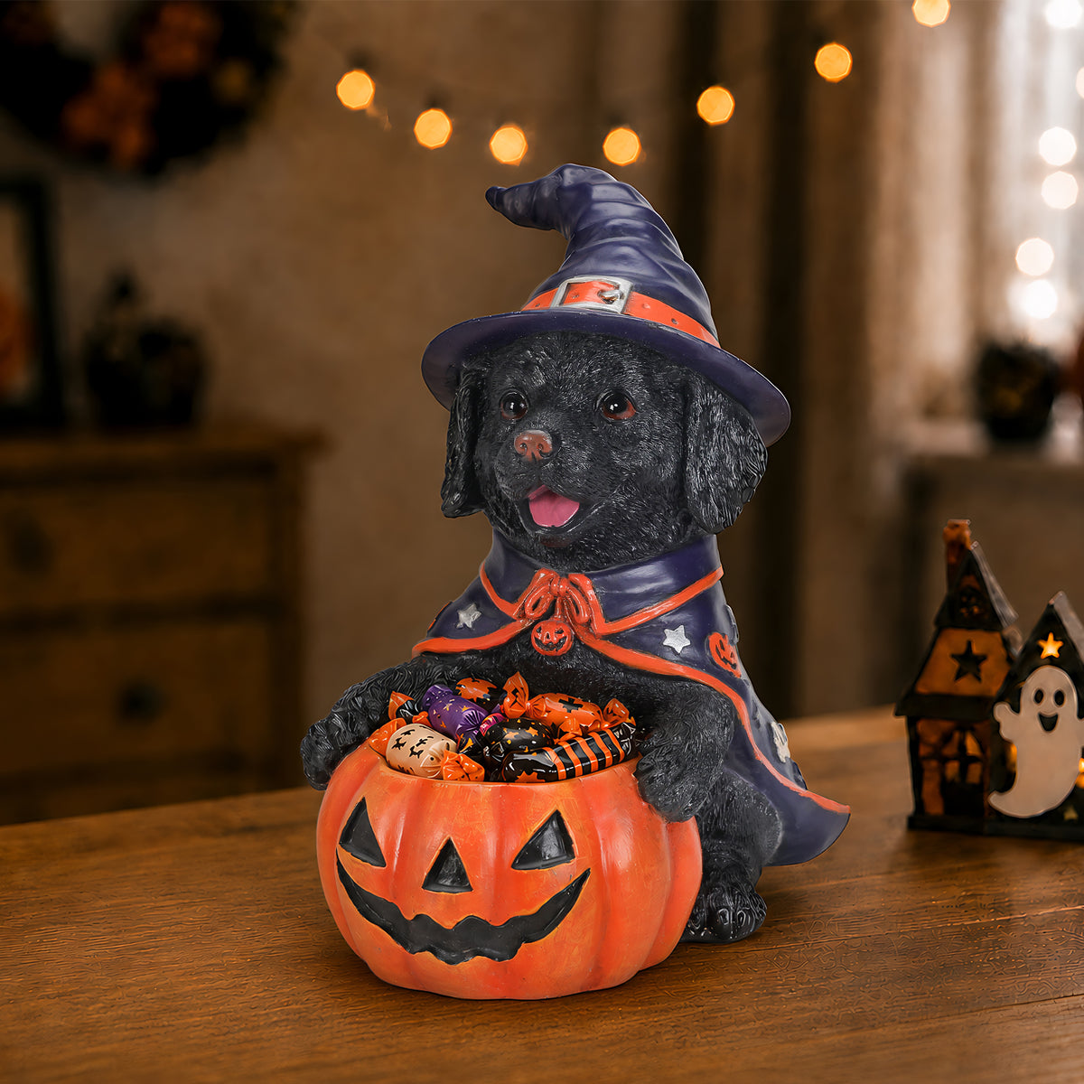 Halloween Black Labrador Retriever Witch Puppy Figurine, Cute Dog Holding Pumpkin Candy Bowl Decoration