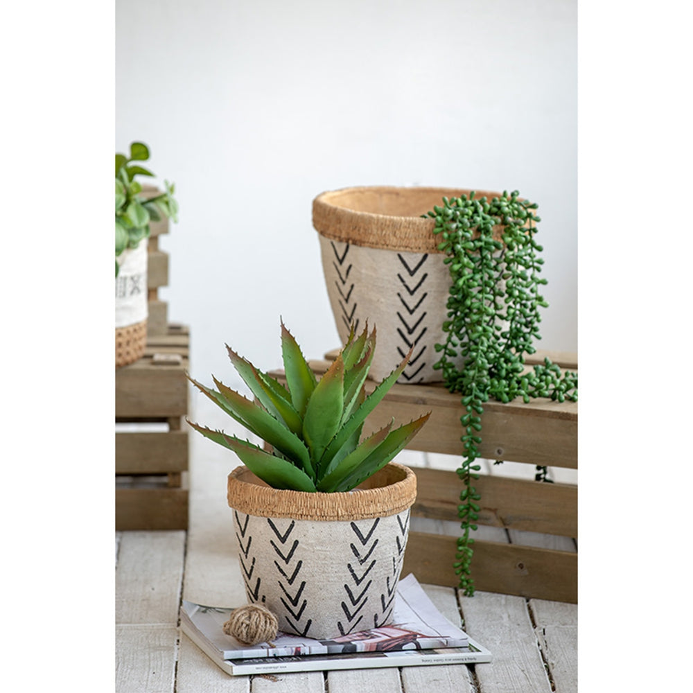 Set of 2 White and Brown Cement Planters with V Pattern, L:D10x8"  S:D8x6.5" - image 8