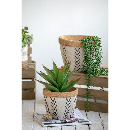 Set of 2 White and Brown Cement Planters with V Pattern, L:D10x8"  S:D8x6.5" - image 8