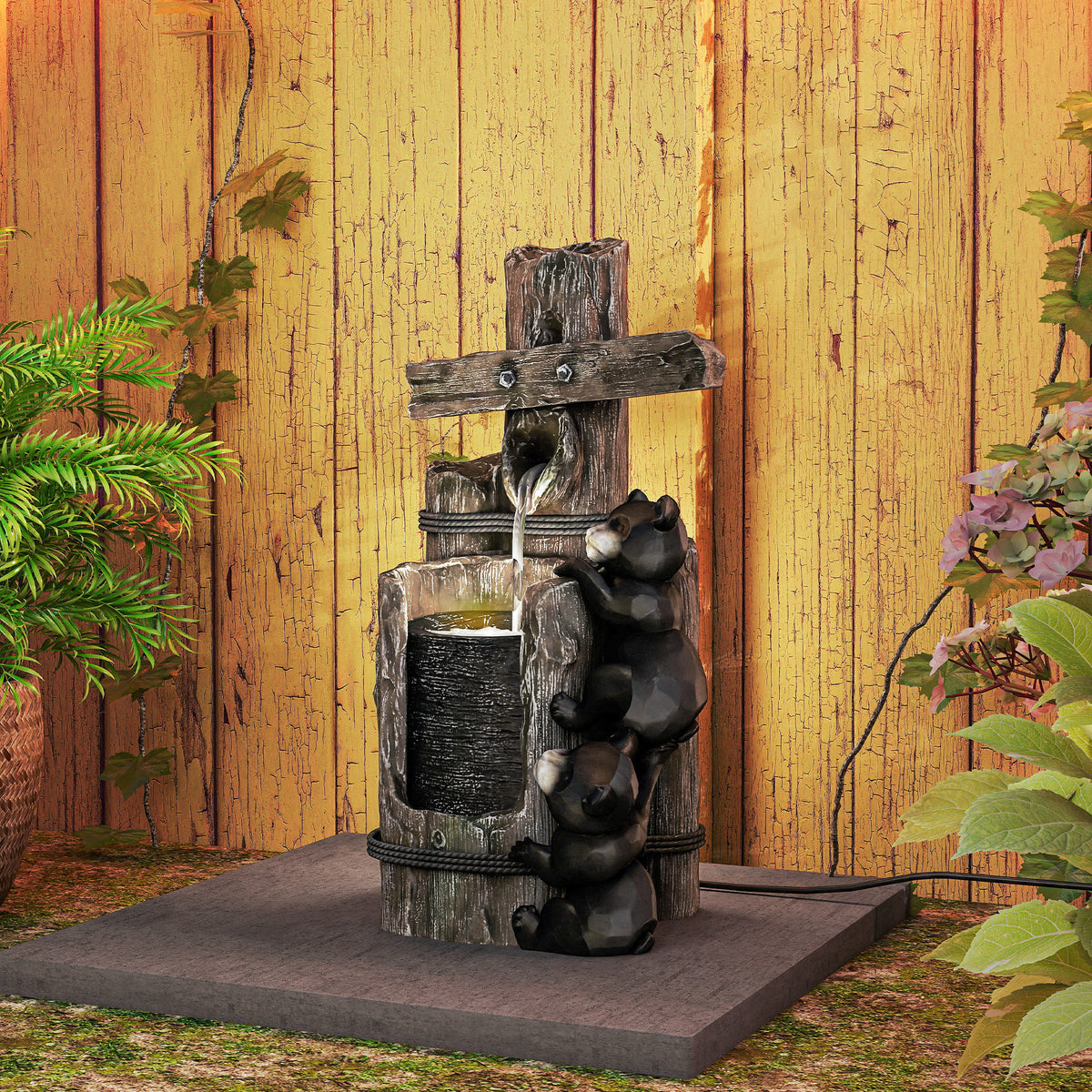 Outsunny 22.8" Outdoor Water Fountain, 3-Tier Floor Standing Resin Bears on Log Waterfall Fountain with LED Lights, Pump - image 4