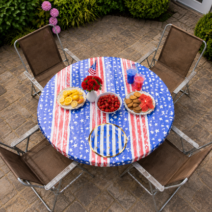 Patriotic Stars & Stripes Outdoor Table Party Bundle | Custom Fit Tablecloth + Disposable Dinnerware Set