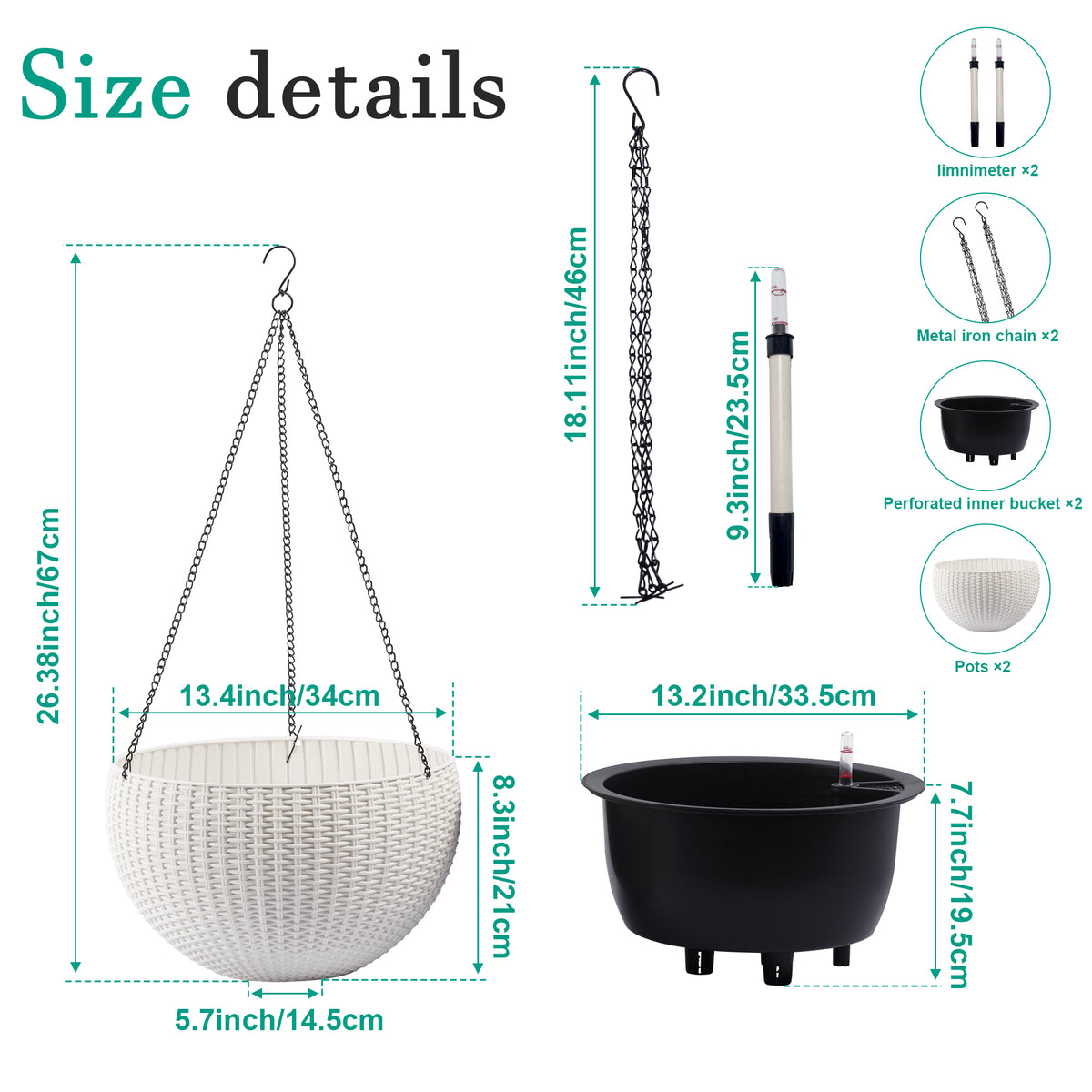 13.4 inch Self-Watering Hanging Rattan-Inspired Planter Large Capacity, Root-Rot Resistant Water Storage with Water Level Indicator, Dual-Use for Indoor & Balcony Decoration (Pack of 2, White) - image 6