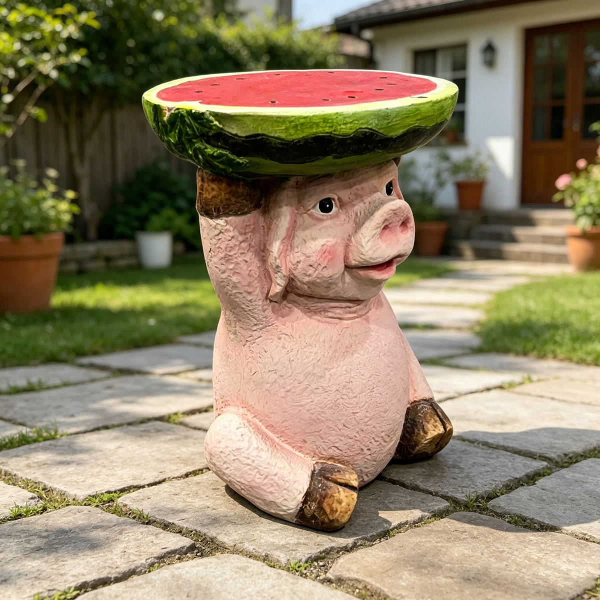 13.39" High Cute Pig Side Table, 11.34" Wide Pig with Watermelon Top, Multi-Functional Plant Stand & End Table for Home & Garden Decoration - image 8
