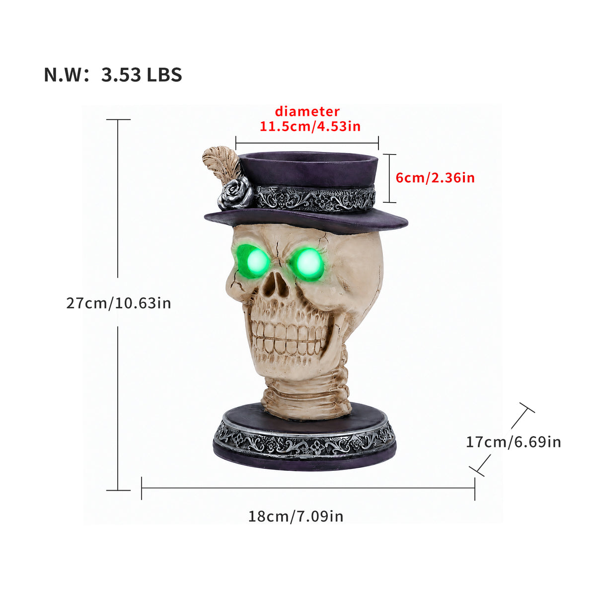 Halloween Skull Candle Holder with Glowing Green Eyes, Gothic Skeleton Head Statue with Feather Top Hat, Spooky Tabletop Decor - image 4