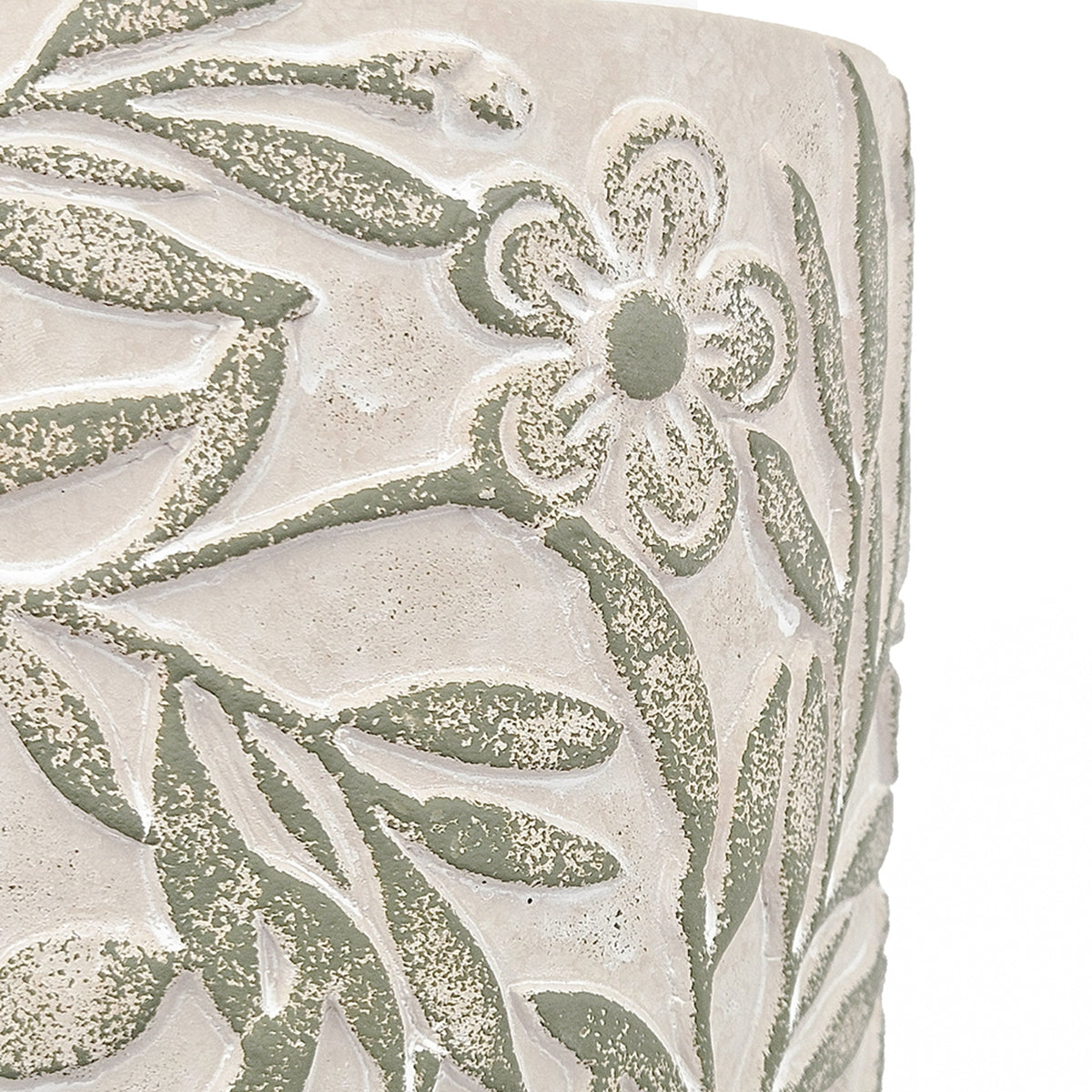 S/2 Gray Sand and Cement Planters with Etched Green Floral Motif, L:D6.7x6.3" S:D5.5x5" - image 9