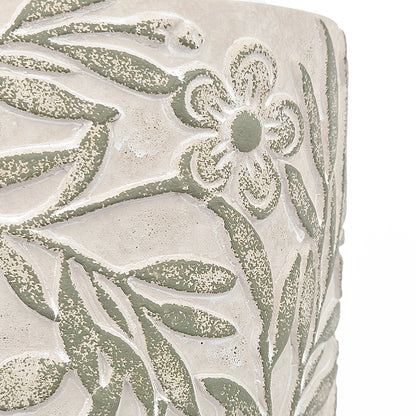 S/2 Gray Sand and Cement Planters with Etched Green Floral Motif, L:D6.7x6.3" S:D5.5x5" - image 9