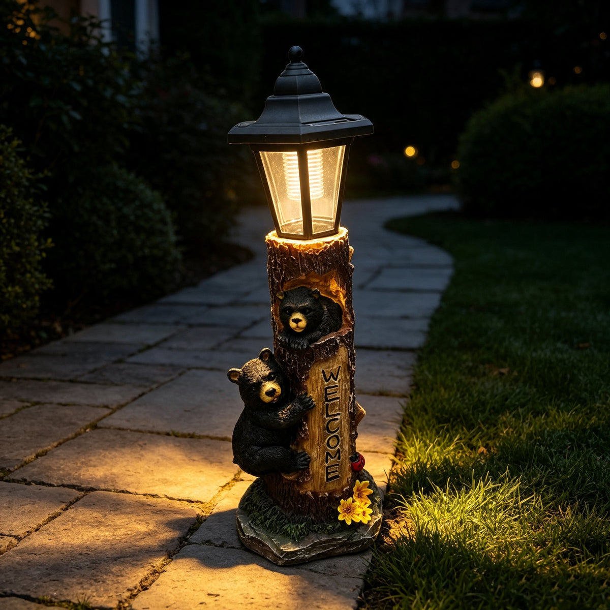 A brown bear statue welcoming guests, a garden statue with solar-powered lights, a 19-inch resin bear family in a tree, and outdoor bear decorations for courtyards, gardens, lawns, and patios. - image 10