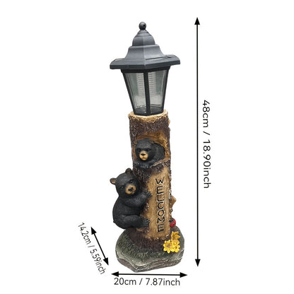 A brown bear statue welcoming guests, a garden statue with solar-powered lights, a 19-inch resin bear family in a tree, and outdoor bear decorations for courtyards, gardens, lawns, and patios. - image 4