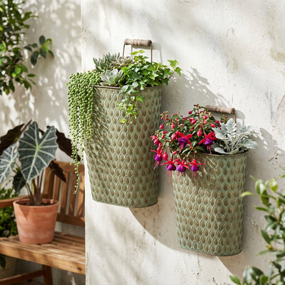 S/2 Textured Green Iron Hanging Planters with Arched Handles - image 7