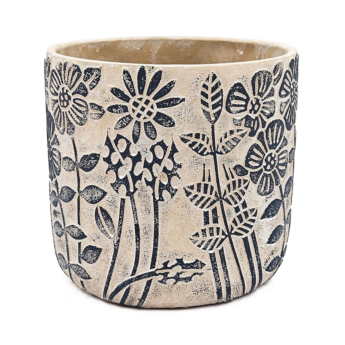 S/2 Gray Sand and Cement Planters with Blue Floral Motif, L:D7x6.7" S:D5.5x5" - image 5