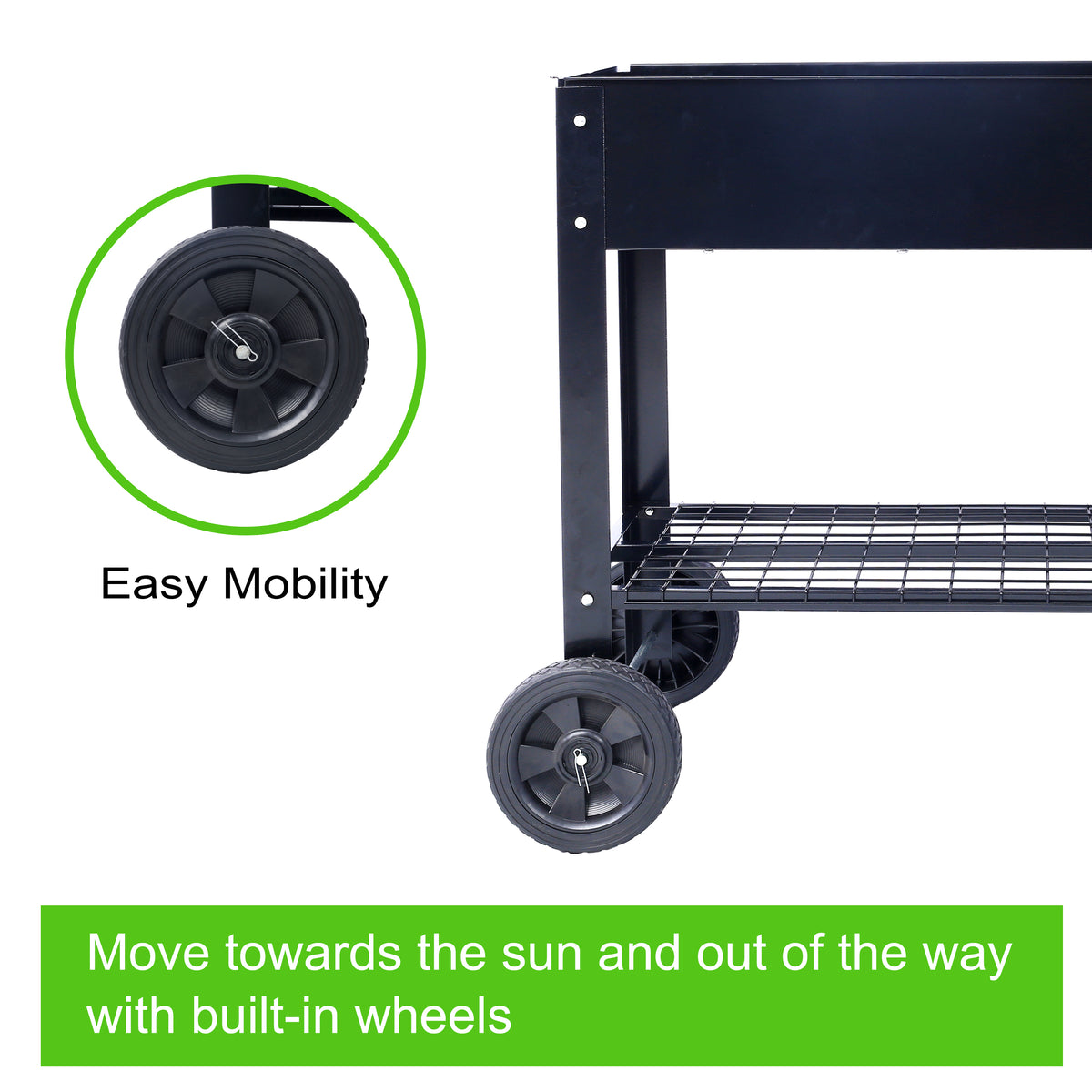 Products Elevated Mobile Raised Ergonomic Metal Planter Garden Bed for Backyard, Patio w/Wheels, Lower Shelf, black - image 15