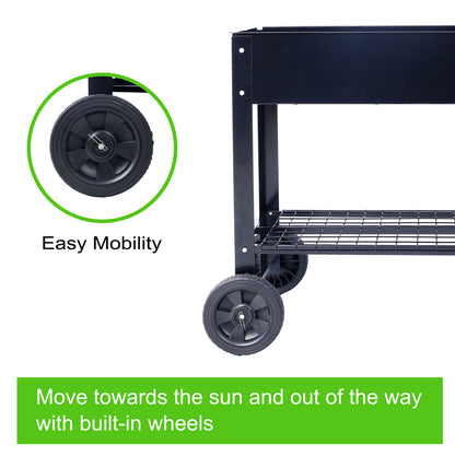 Products Elevated Mobile Raised Ergonomic Metal Planter Garden Bed for Backyard, Patio w/Wheels, Lower Shelf, black - image 15