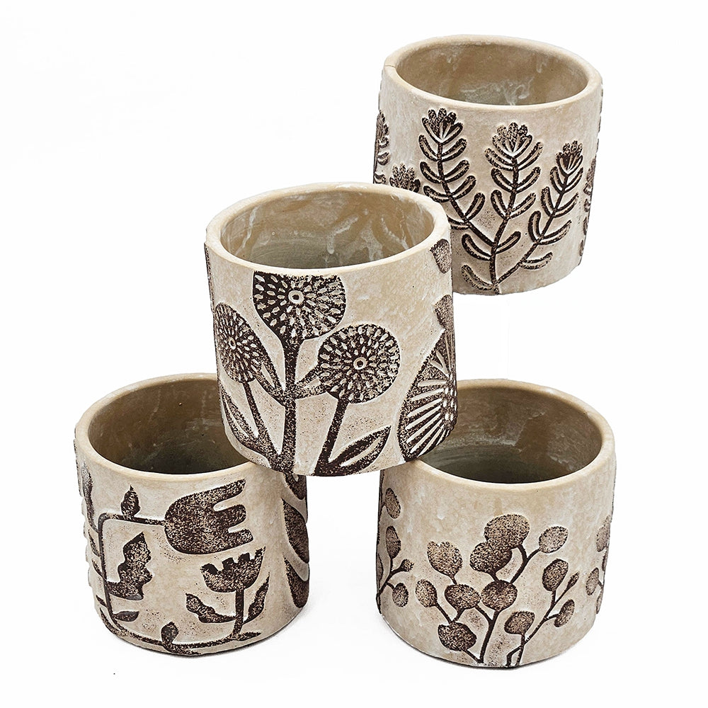 Set of 4 4.3x4.3x4" Gray Sand and Cement Planters with Brown Botanical Motifs - image 4