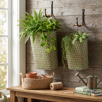 S/2 Textured Green Iron Hanging Planters with Arched Handles - image 8