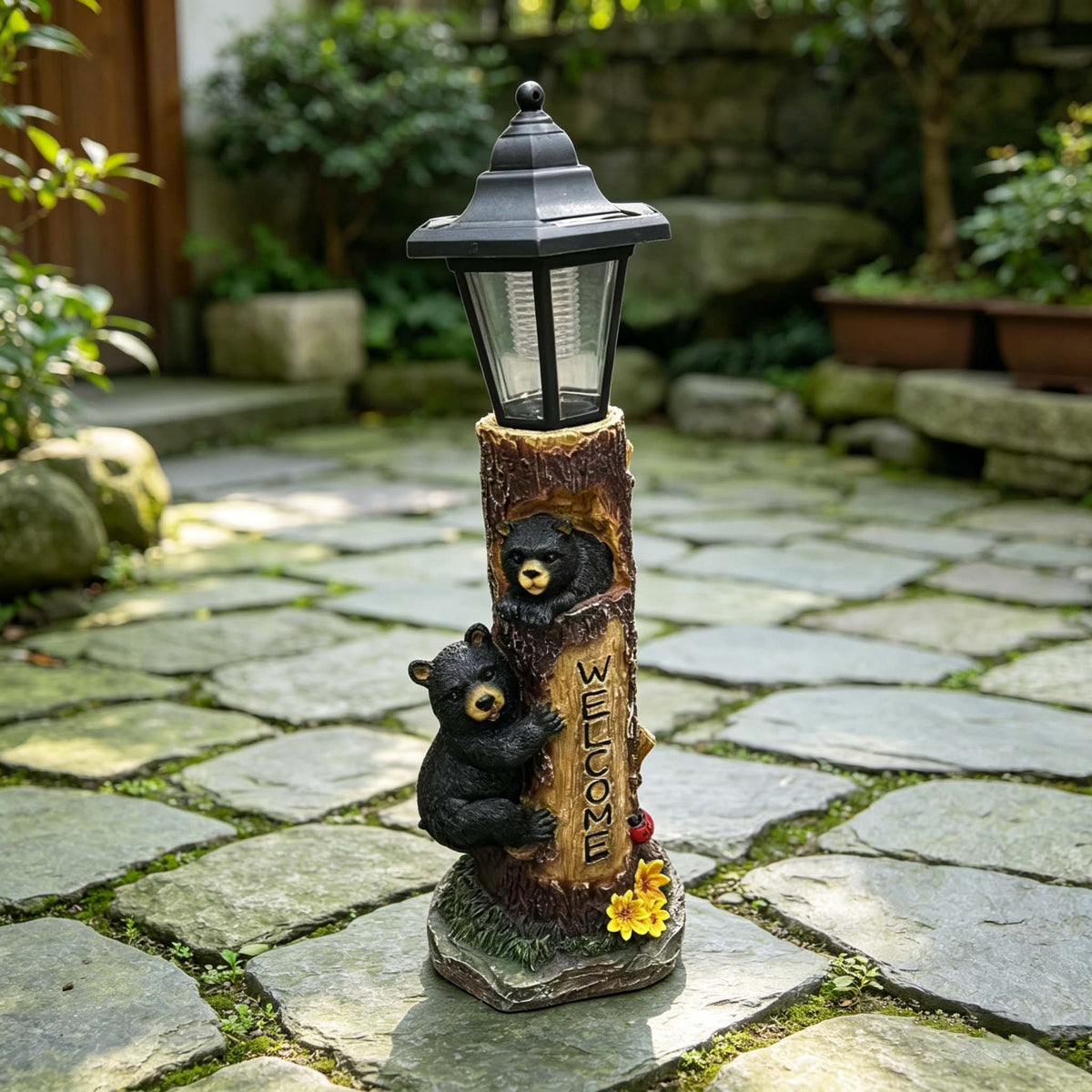 A brown bear statue welcoming guests, a garden statue with solar-powered lights, a 19-inch resin bear family in a tree, and outdoor bear decorations for courtyards, gardens, lawns, and patios. - image 9