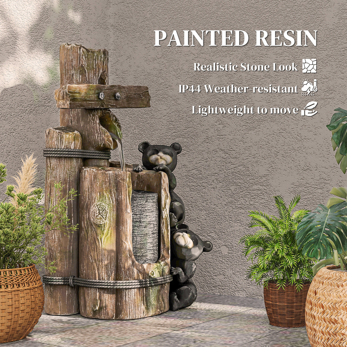 Outsunny 22.8" Outdoor Water Fountain, 3-Tier Floor Standing Resin Bears on Log Waterfall Fountain with LED Lights, Pump - image 6