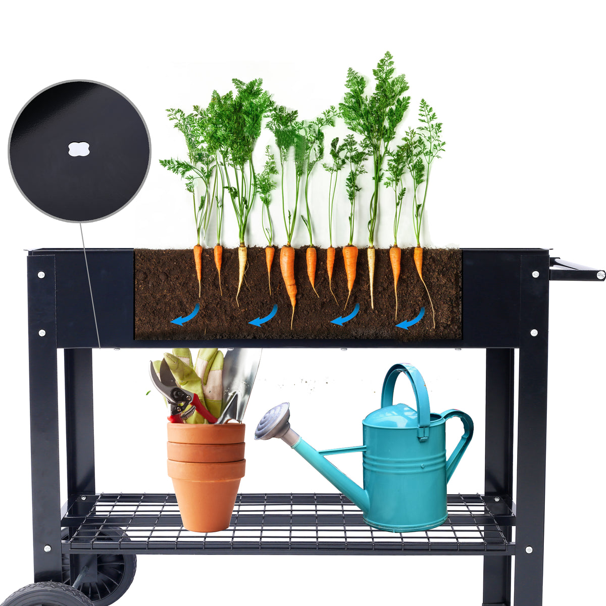 Products Elevated Mobile Raised Ergonomic Metal Planter Garden Bed for Backyard, Patio w/Wheels, Lower Shelf, black - image 13