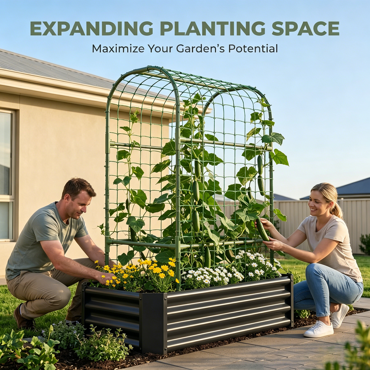 2-in-1 Raised Garden Bed with Trellis - 59" Tall Arch Planter Box for Climbing Plants, Outdoor Galvanized Metal Gardening Bed for Vegetables, Fruits, Flowers (Black, 4x2x1 Ft) - image 5