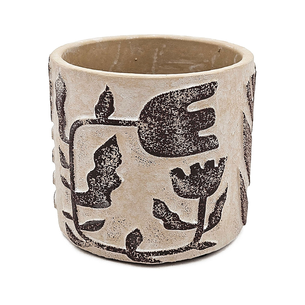 Set of 4 4.3x4.3x4" Gray Sand and Cement Planters with Brown Botanical Motifs - image 7