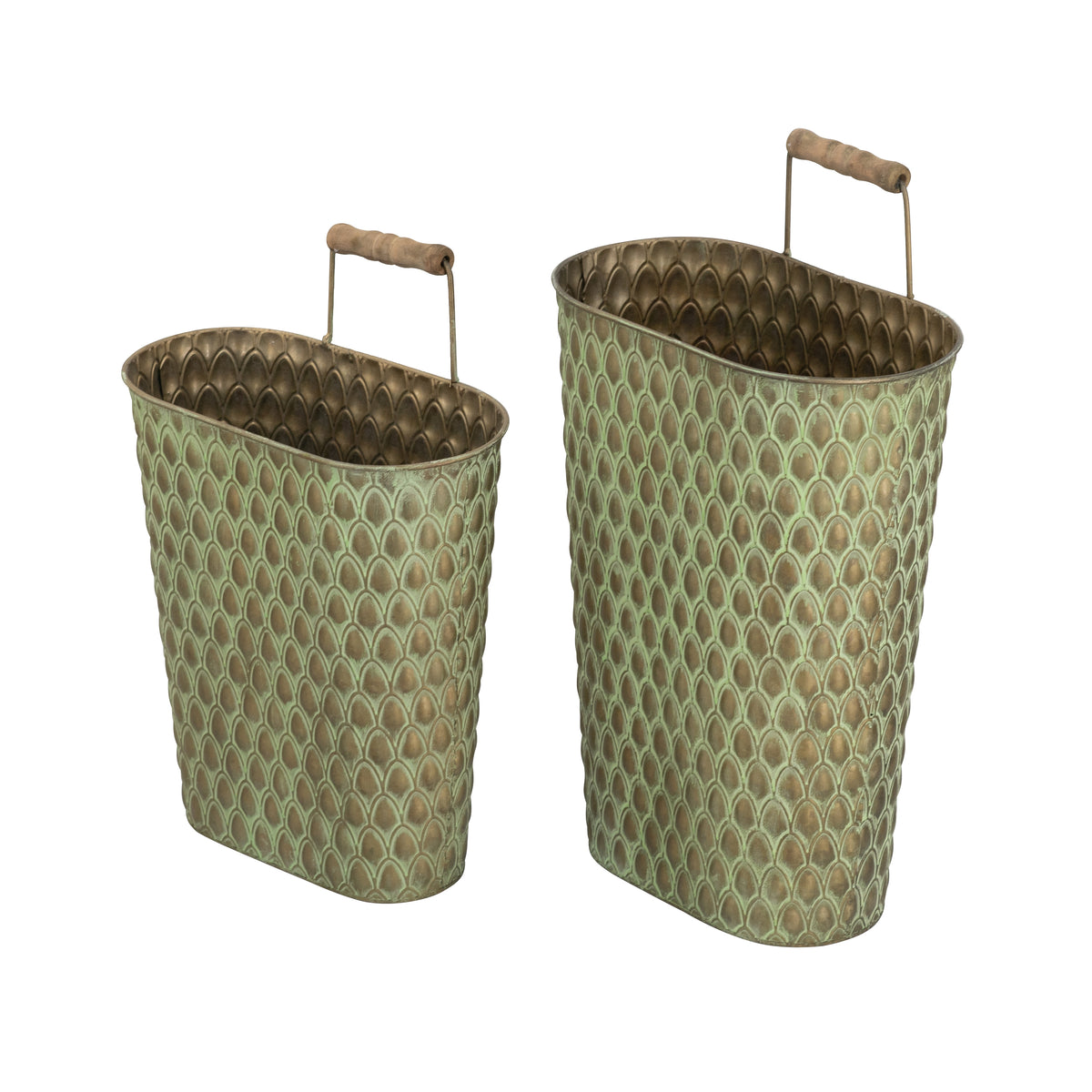 S/2 Textured Green Iron Hanging Planters with Arched Handles - image 3