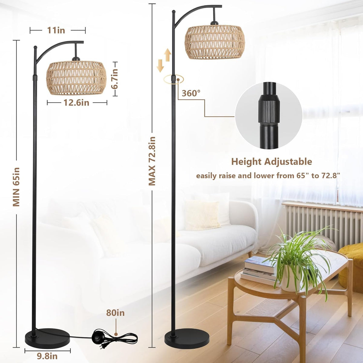 Arc Floor Lamp with Remote Control, Dimmable LED Floor Lamp with 3 Color Temperature, Black Standing Lamp with Rattan & Fabric Double Drum Shade, Boho Farmhouse Tall Pole Lamp for Living Room Bedroom - image 8