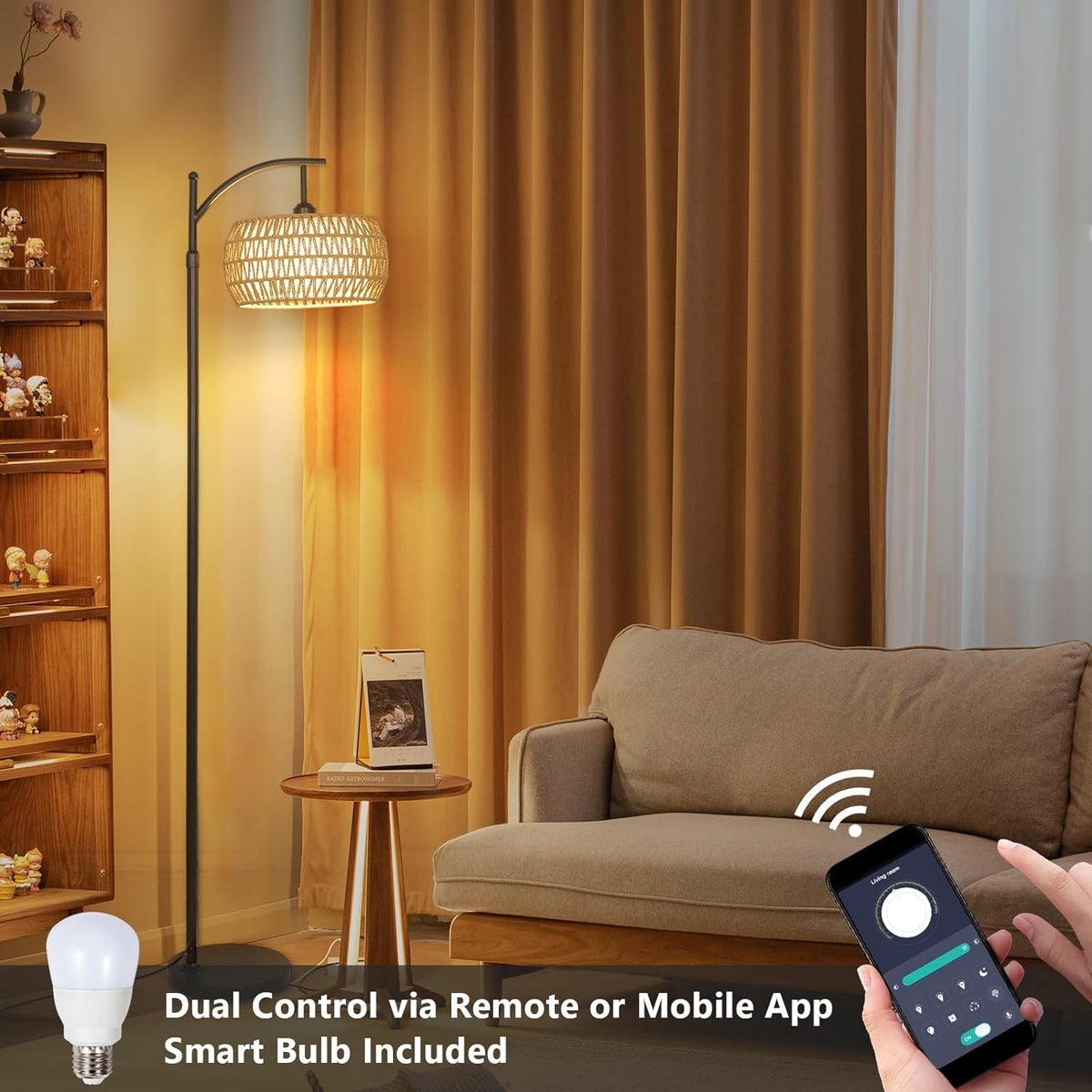 Arc Floor Lamp with Remote Control, Dimmable LED Floor Lamp with 3 Color Temperature, Black Standing Lamp with Rattan & Fabric Double Drum Shade, Boho Farmhouse Tall Pole Lamp for Living Room Bedroom - image 9