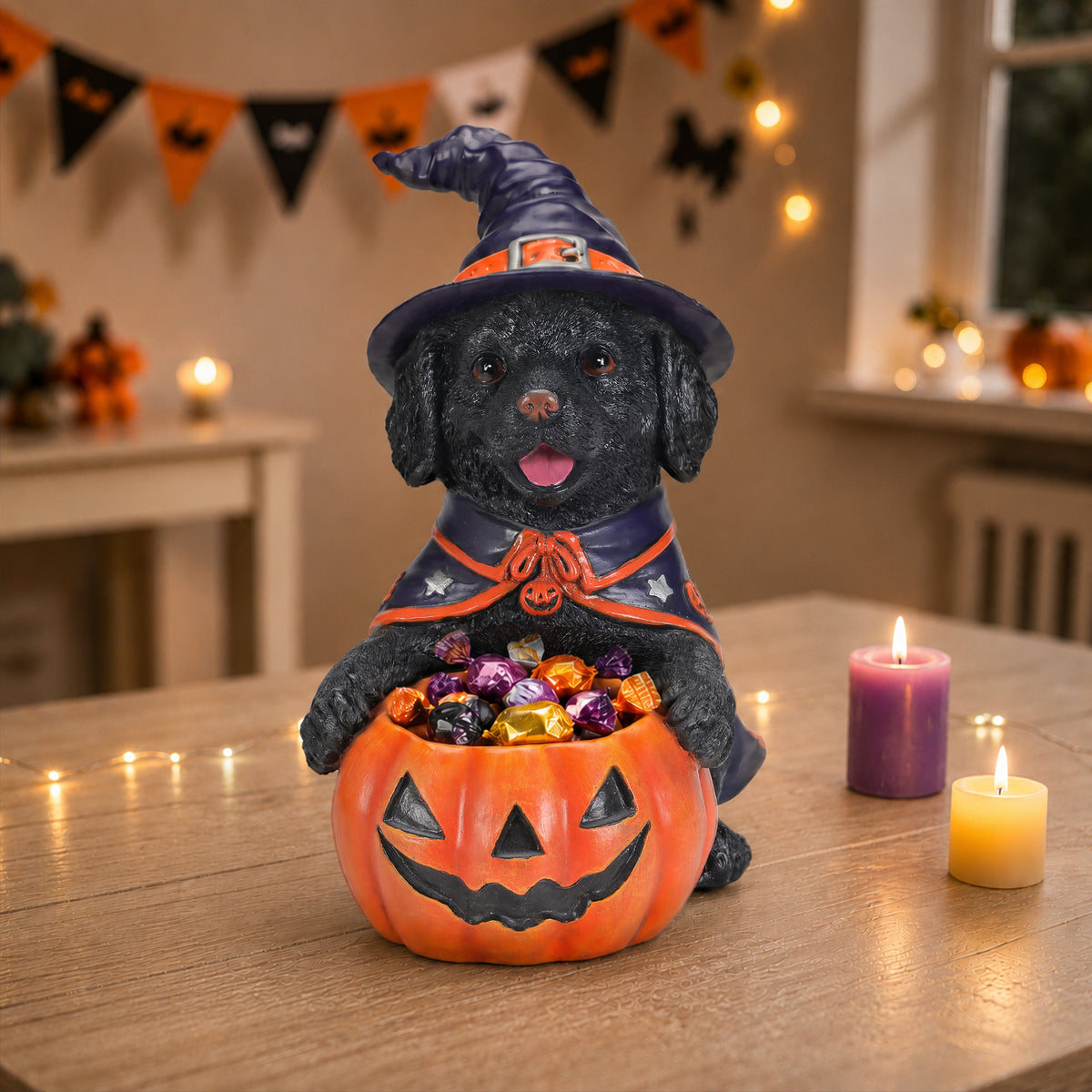 Halloween Black Labrador Retriever Witch Puppy Figurine, Cute Dog Holding Pumpkin Candy Bowl Decoration - image 2