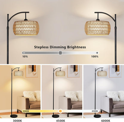 Arc Floor Lamp with Remote Control, Dimmable LED Floor Lamp with 3 Color Temperature, Black Standing Lamp with Rattan & Fabric Double Drum Shade, Boho Farmhouse Tall Pole Lamp for Living Room Bedroom - image 6