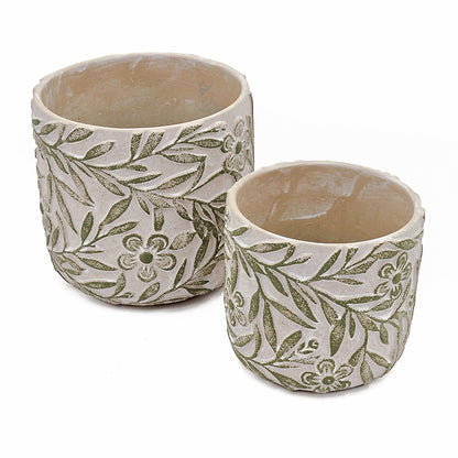 S/2 Gray Sand and Cement Planters with Etched Green Floral Motif, L:D6.7x6.3" S:D5.5x5" - image 3